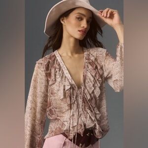 Anthropologie Ruffled Blouse Cream dusty pink Sheer tie neck snake design SZ L